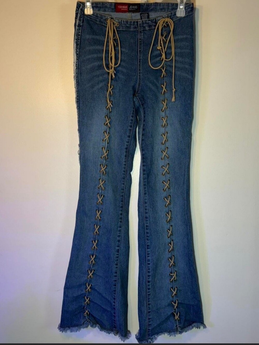 Y2k Lace Up Younique Dark Blue Lace-Up Flare Jeans with Beige Trim Size 3 Short